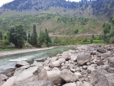   Kaşmir 'in Neelum Vadisi' ndeki Halmat köyünün göz kamaştırıcı bir perspektifi. Canlı yeşil ağaçlar, görkemli dağlar ve bol bitki örtüsü manzaralı bir manzara yaratır..