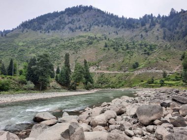   Kaşmir 'in Neelum Vadisi' ndeki Halmat köyünün göz kamaştırıcı bir perspektifi. Canlı yeşil ağaçlar, görkemli dağlar ve bol bitki örtüsü manzaralı bir manzara yaratır..