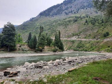   Kaşmir 'in Neelum Vadisi' ndeki Halmat köyünün göz kamaştırıcı bir perspektifi. Canlı yeşil ağaçlar, görkemli dağlar ve bol bitki örtüsü manzaralı bir manzara yaratır..