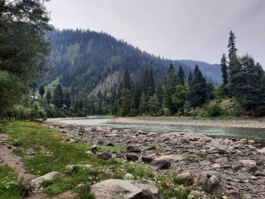  Kaşmir 'in Neelum Vadisi' ndeki Halmat köyünün göz kamaştırıcı bir perspektifi. Canlı yeşil ağaçlar, görkemli dağlar ve bol bitki örtüsü manzaralı bir manzara yaratır..