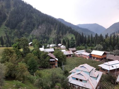  Kaşmir 'in Neelum Vadisi' ndeki Halmat köyünün göz kamaştırıcı bir perspektifi. Canlı yeşil ağaçlar, görkemli dağlar ve bol bitki örtüsü manzaralı bir manzara yaratır..