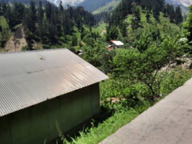 Yeşil manzaralardan, yüksek tepelerden ve gelişen ağaçlardan oluşan büyüleyici bir gündüz manzarası Kashmir 'in Neelum Vadisi' ndeki Jagran Vadisi 'nde tünemiş olan Shal köyünün etrafını sarmış durumda..