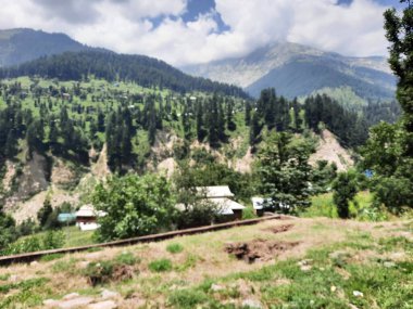 Yeşil manzaralardan, yüksek tepelerden ve gelişen ağaçlardan oluşan büyüleyici bir gündüz manzarası Kashmir 'in Neelum Vadisi' ndeki Jagran Vadisi 'nde tünemiş olan Shal köyünün etrafını sarmış durumda..