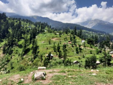 Yeşil manzaralardan, yüksek tepelerden ve gelişen ağaçlardan oluşan büyüleyici bir gündüz manzarası Kashmir 'in Neelum Vadisi' ndeki Jagran Vadisi 'nde tünemiş olan Shal köyünün etrafını sarmış durumda..