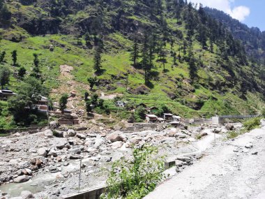 Yeşil manzaralardan, yüksek tepelerden ve gelişen ağaçlardan oluşan büyüleyici bir gündüz manzarası Kashmir 'in Neelum Vadisi' ndeki Jagran Vadisi 'nde tünemiş olan Shal köyünün etrafını sarmış durumda..