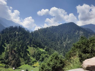 Yeşil manzaralardan, yüksek tepelerden ve gelişen ağaçlardan oluşan büyüleyici bir gündüz manzarası Kashmir 'in Neelum Vadisi' ndeki Jagran Vadisi 'nde tünemiş olan Shal köyünün etrafını sarmış durumda..