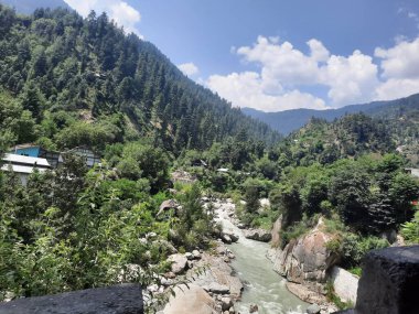 Yeşil manzaralardan, yüksek tepelerden ve gelişen ağaçlardan oluşan büyüleyici bir gündüz manzarası Kashmir 'in Neelum Vadisi' ndeki Jagran Vadisi 'nde tünemiş olan Shal köyünün etrafını sarmış durumda..
