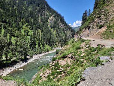 Kaşmir 'deki Neelum Vadisi' nin göz kamaştırıcı gündüz manzarası. Kaşmir 'deki Neelum Vadisi nefes kesici bir yerdir. Bereketli yeşil manzarası, uzun ağaçları ve canlı yeşilliği cennete benzer bir manzara yaratır..