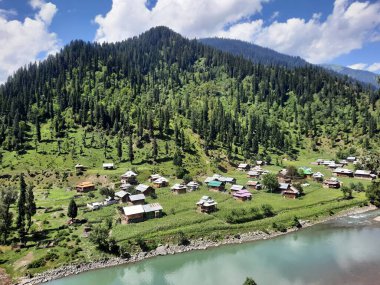 Kaşmir 'deki Neelum Vadisi' nin göz kamaştırıcı gündüz manzarası. Kaşmir 'deki Neelum Vadisi nefes kesici bir yerdir. Bereketli yeşil manzarası, uzun ağaçları ve canlı yeşilliği cennete benzer bir manzara yaratır..