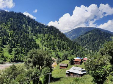 Kaşmir 'deki Neelum Vadisi' nin göz kamaştırıcı gündüz manzarası. Kaşmir 'deki Neelum Vadisi nefes kesici bir yerdir. Bereketli yeşil manzarası, uzun ağaçları ve canlı yeşilliği cennete benzer bir manzara yaratır..