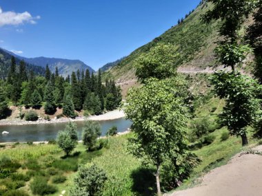 Kaşmir 'deki Neelum Vadisi' nin göz kamaştırıcı gündüz manzarası. Kaşmir 'deki Neelum Vadisi nefes kesici bir yerdir. Bereketli yeşil manzarası, uzun ağaçları ve canlı yeşilliği cennete benzer bir manzara yaratır..