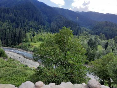 Kaşmir 'deki Neelum Vadisi' nin göz kamaştırıcı gündüz manzarası. Kaşmir 'deki Neelum Vadisi nefes kesici bir yerdir. Bereketli yeşil manzarası, uzun ağaçları ve canlı yeşilliği cennete benzer bir manzara yaratır..