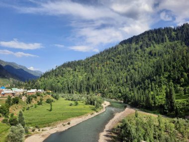 Kaşmir 'deki Neelum Vadisi' nin göz kamaştırıcı gündüz manzarası. Kaşmir 'deki Neelum Vadisi nefes kesici bir yerdir. Bereketli yeşil manzarası, uzun ağaçları ve canlı yeşilliği cennete benzer bir manzara yaratır..