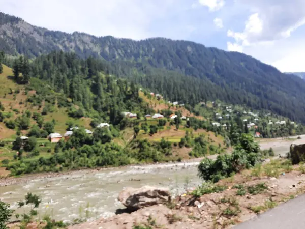 Kaşmir 'deki Neelum Vadisi' nin göz kamaştırıcı gündüz manzarası. Kaşmir 'deki Neelum Vadisi nefes kesici bir yerdir. Bereketli yeşil manzarası, uzun ağaçları ve canlı yeşilliği cennete benzer bir manzara yaratır..