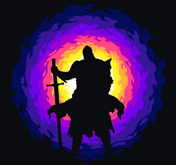 带着剑的骑士在明亮的圆涡旋背景下的轮廓 — 图库矢量图片