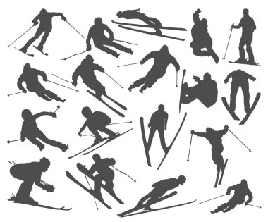 Bir grup kayakçı silueti. Kayakçılar yamaçtan aşağı süzülüyor..