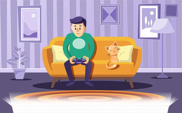 Illustration Boy Home Playing Games — Stock Vector