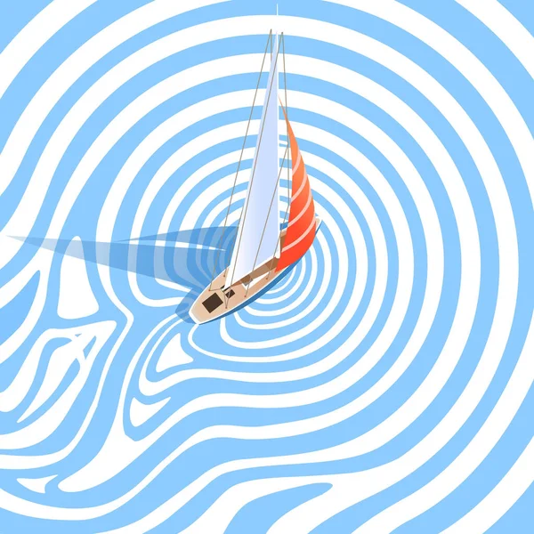 Een Zeilboot Vaart Blauwe Concentrische Cirkels — Stockvector