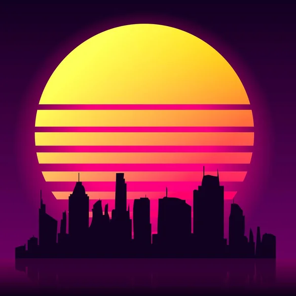 サイバーパンクの太陽と街のシルエットのイラスト — ストックベクタ