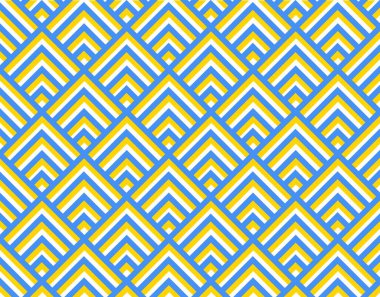 Geometrik dikişsiz desen ve ambalaj için üçgenler. Beyaz arkaplanda sarı mavi pürüzsüz desen