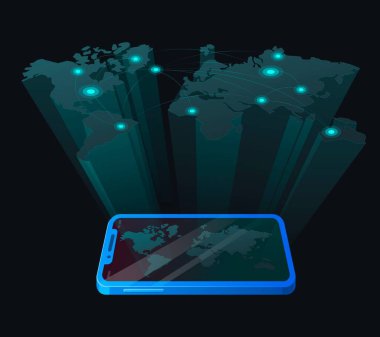 Dünya haritasının hologramı telefondan yayınlanıyor. İşaretli konumlara sahip dünya haritası projeksiyonu