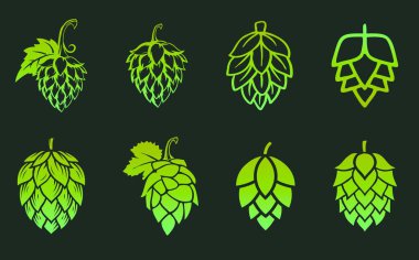 Bira logosu için yeşil zıplama silueti. Farklı hoplama çiçekleri. Koyu arkaplanda Hops simgesi