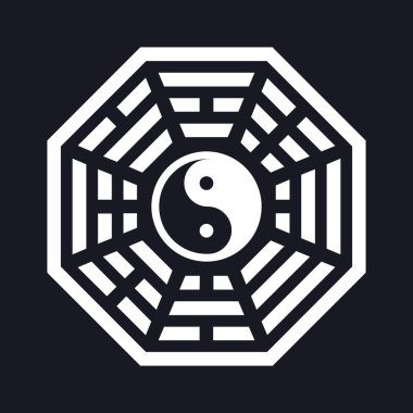 Bagua işareti. Karanlık bir arka planda Yin Yang sembolü. Sekiz trigram Bagua.