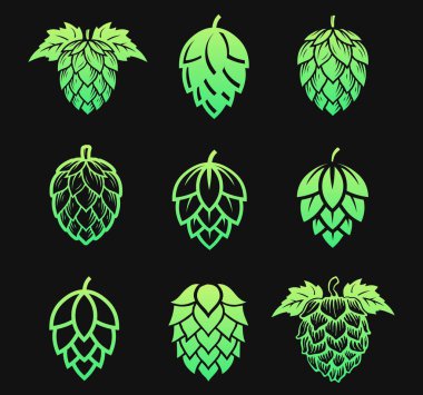 Farklı hoplama çiçekleri. Bira logosu için yeşil zıplama silueti. Koyu arkaplanda Hops simgesi