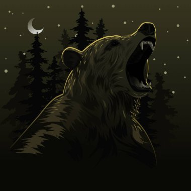 Majestic roaring bear under the moonlit forest night sky, symbolizing strength, wilderness, and primal power. Perfect for wildlife, adventure, and nature-based themes clipart