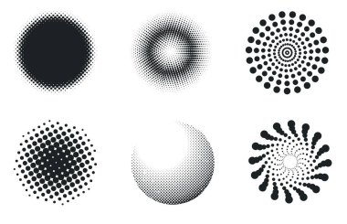 Minimalistic black and white halftone gradient dots, creating different optical effects and abstract designs clipart