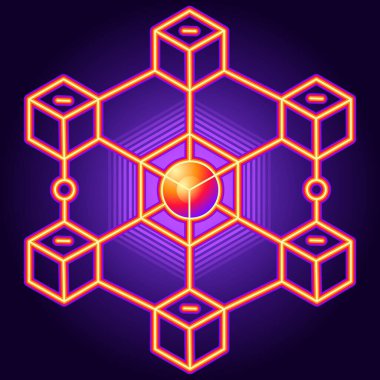 Neon orange blockchain network with a glowing core, symbolizing decentralization and data flow clipart