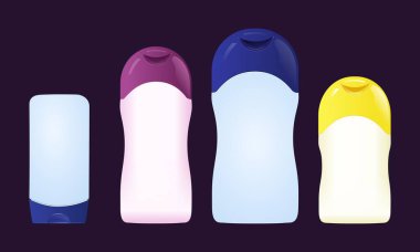 Renkli Plastik Şişe Koleksiyonu. Modern Cilt Bakımı ve Hijyen Paketi