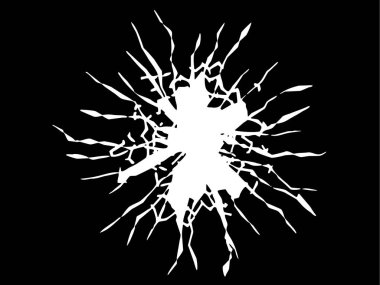 Soyut Patlama Silüeti. Kırık camların etrafındaki çatlakların soyut siyah beyaz etkisi