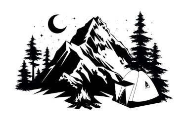Çadırı ve ağaçları olan siyah ve beyaz dağ manzarası. Bir dağ, çam ağaçları ve yıldızların altında küçük bir çadır ve hilal ay olan bir gece kamp sahnesi. Minimalist bir macera illüstrasyonu