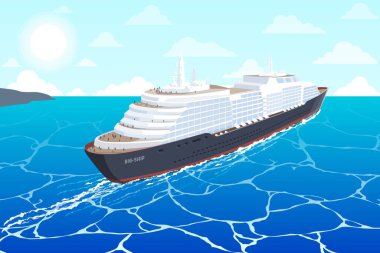 Mavi okyanus dalgalarıyla giden büyük bir yolcu gemisi. Beyaz lüks bir yolcu gemisi okyanusu geçiyor. Mavi bir gökyüzü ve parlak bir güneşi var. Seyahat, tatil ve turizm kavramı.