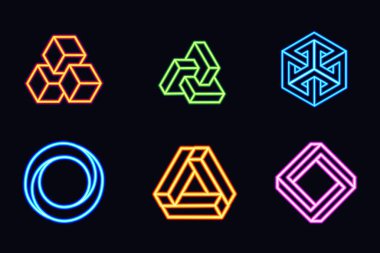 Parlayan Neon İmkânsız Geometrik Şekiller Optik İllüzyon. Siyah Arkaplanda Parlayan Geometrik Neon Sembolleri Ayarlandı