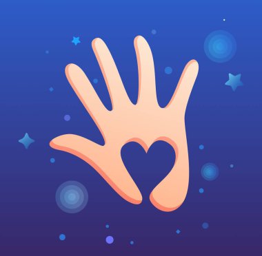 Sihirli bir arka planda ortasında kalp sembolü olan bir el.