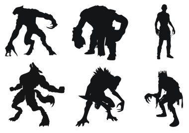 Farklı korkunç canavar figürlerinin siluet koleksiyonu