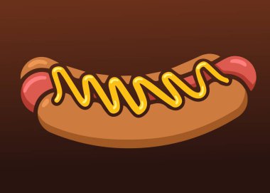 Hardallı Çizgi Film Tarzı Gerçekçi Sosisli. Kahverengi arka planda hardallı bir sosislinin fast food kültürünü vurgulayan lezzetli bir çizgi film çizimi..