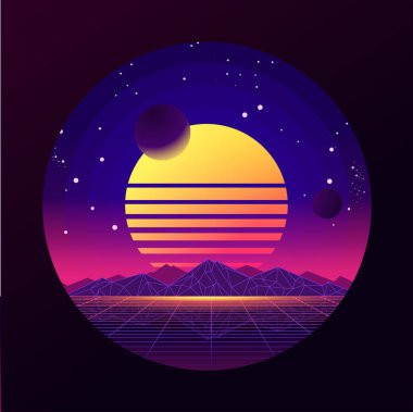 Neon Sunset Over a Digital Mountain Manzarası. Şebeke benzeri dağ manzaralı neon renkli bir günbatımının fütüristik ve retro-esinlenilmiş bir gösterimi.