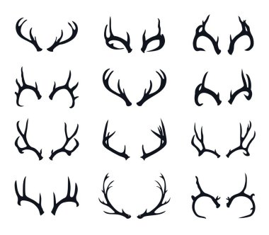 Farklı şekillerde Black Antler siluetleri. Geyik, geyik, geyik ve geyik stillerini temsil eden siyah siluet şeklinde farklı boynuz şekilleri koleksiyonu..