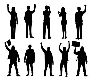 Farklı pozlardaki insanları protesto eden siluetler. Çeşitli protesto pozlarında kadın ve erkeklerin siluetleri, protesto işaretleri taşıyor, sloganlar atıyorlar ve protesto etmek için yumruklarını havaya kaldırıyorlar..