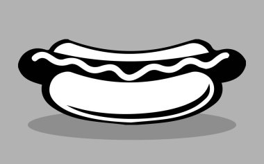Simple Black and White Design ile çizgi film Hot Dog. Sosisli sandviçin siyah-beyaz çizimi, klasik çörek ve sosis ile onun cesur ve minimalist tarzını vurguluyor..