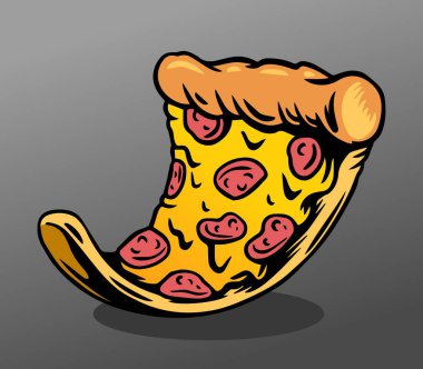 Eriyen Biberli Pizzanın Dilimi çizgi filmi. Lezzetli, eritilmiş bir dilim pepperonili pizzanın çıtır çıtır bir kabuklu çizimi..