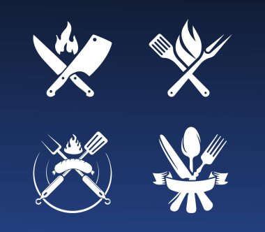Koyu mavi arka planda beyaz aşçılık ve barbekü ikonları. Yemek pişirmeyi, ızgarayı ve bıçak, çatal ve alevleri temsil eden beyaz minimalist simgelerden oluşan bir koleksiyon..