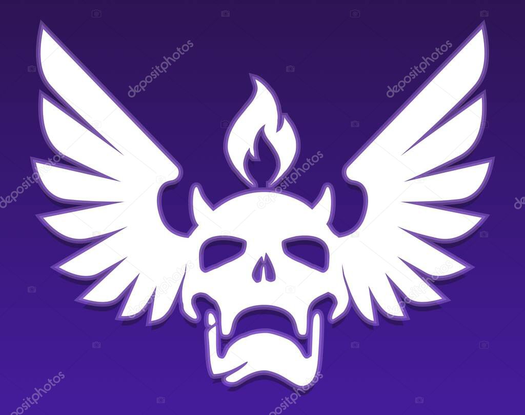 White Flaming Skull with Wings on a Dark Purple Background