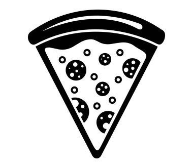 Siyah ve Beyaz Eriyen Pizza dilimi. Erimiş peynir ve malzemelerle dolu bir pizza diliminin cesur, siyah ve beyaz vektör çizimi.