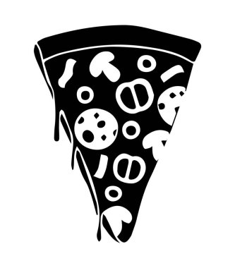 Siyah ve Beyaz Eriyen Pizza dilimi. Üzerinde çeşitli malzemeler olan damlayan bir pizza diliminin eğlenceli ve abartılmış siyah beyaz çizimi..
