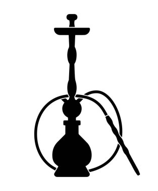 Siyah nargile silueti ve dairesel taslak. Süslü, siyah bir nargile silueti, beyaz bir arka planda dairesel bir hatla çevrili bir hortumu var..