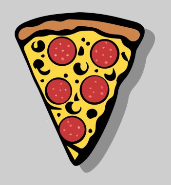Pepperoni ve peynirli pizza dilimi çizgi filmi. Eritilmiş peynirli ve pepperonili bir pizza diliminin hoş ve renkli bir tasviri..